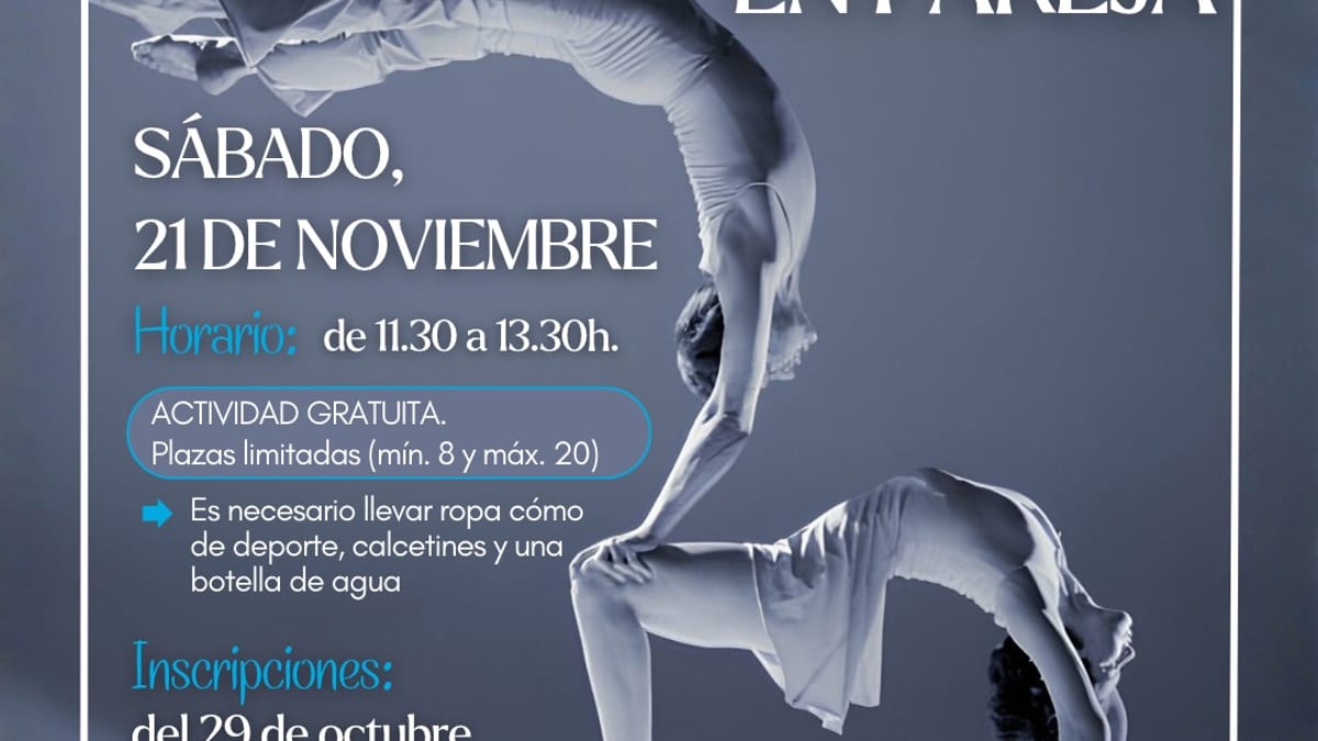 Cartel del taller de acrobacia en pareja en el Espacio Joven de Navalcarnero, sábado 21 de noviembre de 11:30 a 13:30 horas