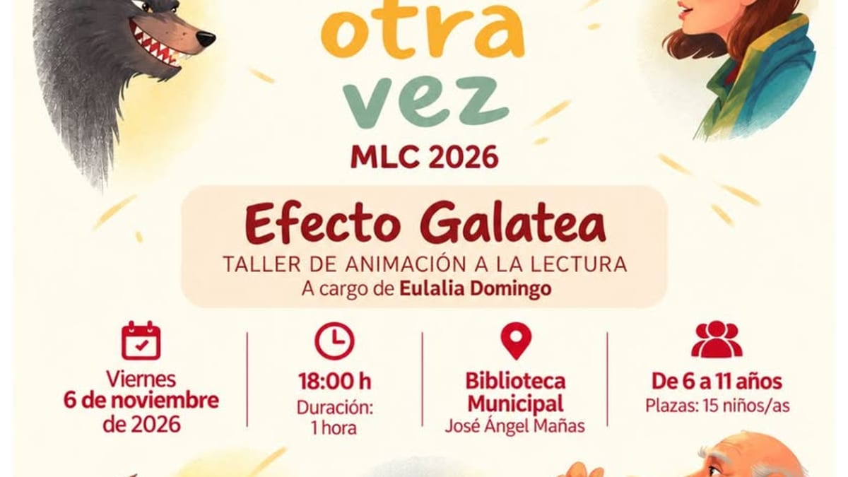 Cartel del taller de cuentos «Como nunca antes: entrando por el revés de los cuentos» en la Biblioteca Municipal José Ángel Mañas de Sevilla la Nueva