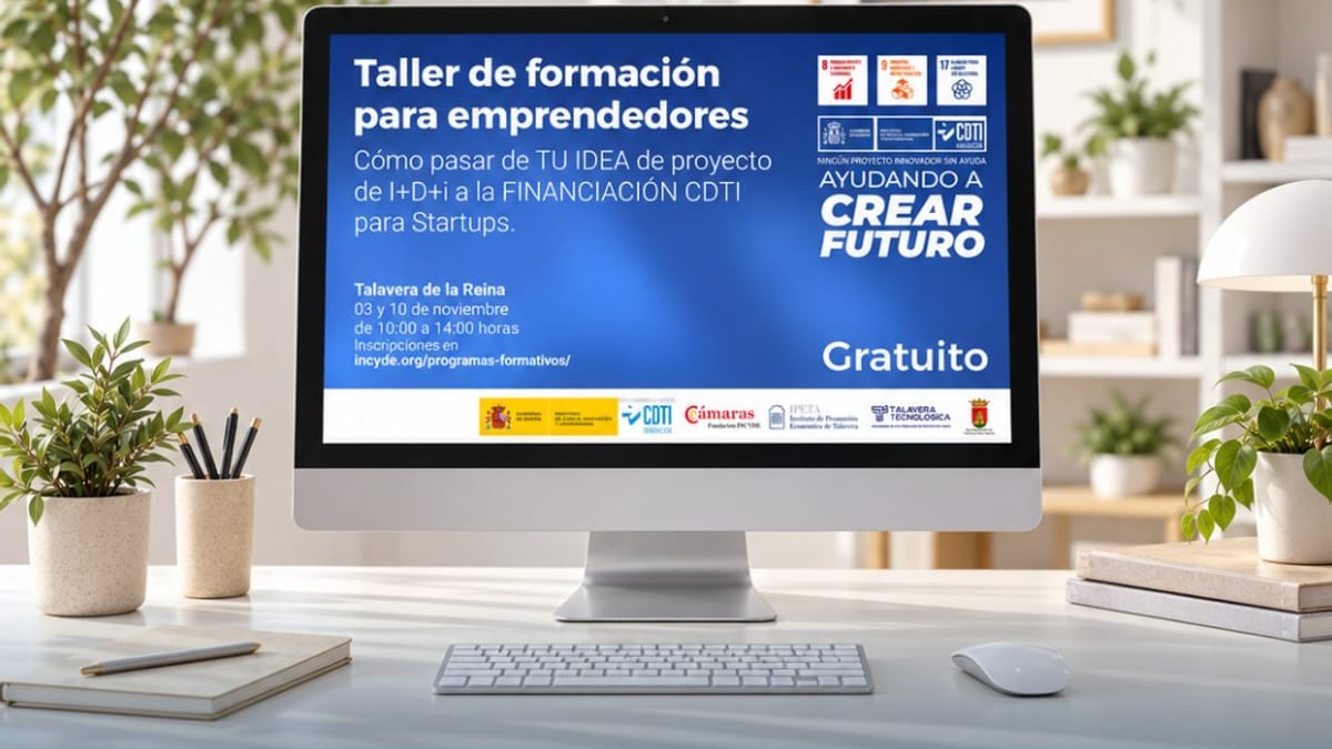 Cartel del taller de formación para emprendedores sobre financiación CDTI para startups en Talavera de la Reina