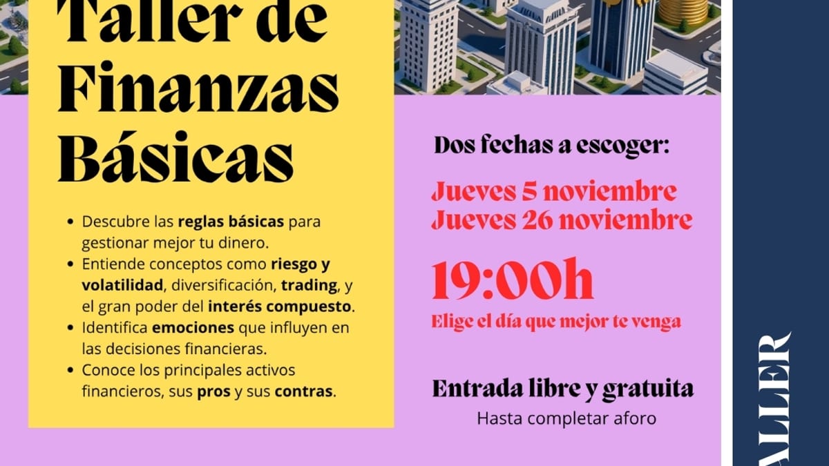 Cartel del Taller de Finanzas Básicas de Torrelodones con fechas 5 y 26 de noviembre, impartido por Nacho López coach financiero