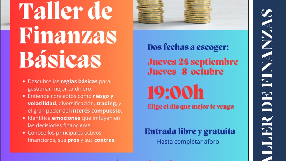 Cartel del Taller de Finanzas Básicas del Ayuntamiento de Torrelodones con información de fechas, horarios y ponente Nacho López