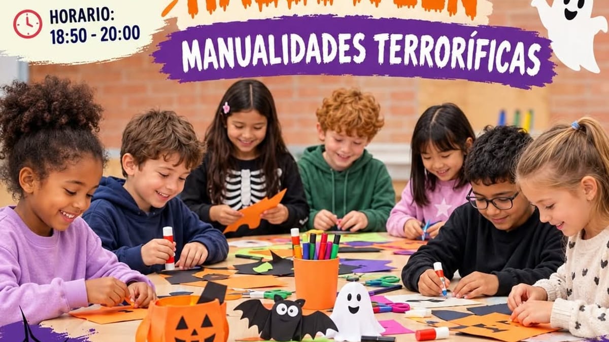 Cartel del taller de Halloween para niños de primaria en Humanes de Madrid con fecha 8 de octubre de 18:50 a 20:00 horas