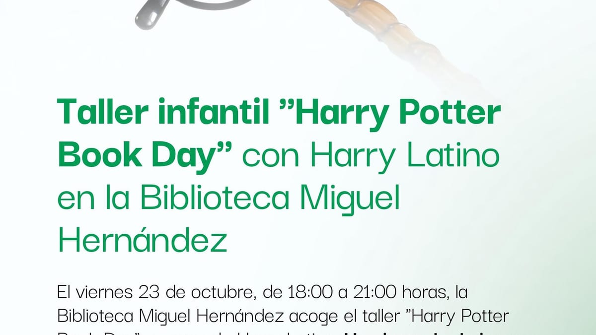 Cartel del taller temático Harry Potter Book Day con Harry Latino en la Biblioteca Miguel Hernández de Collado Villalba