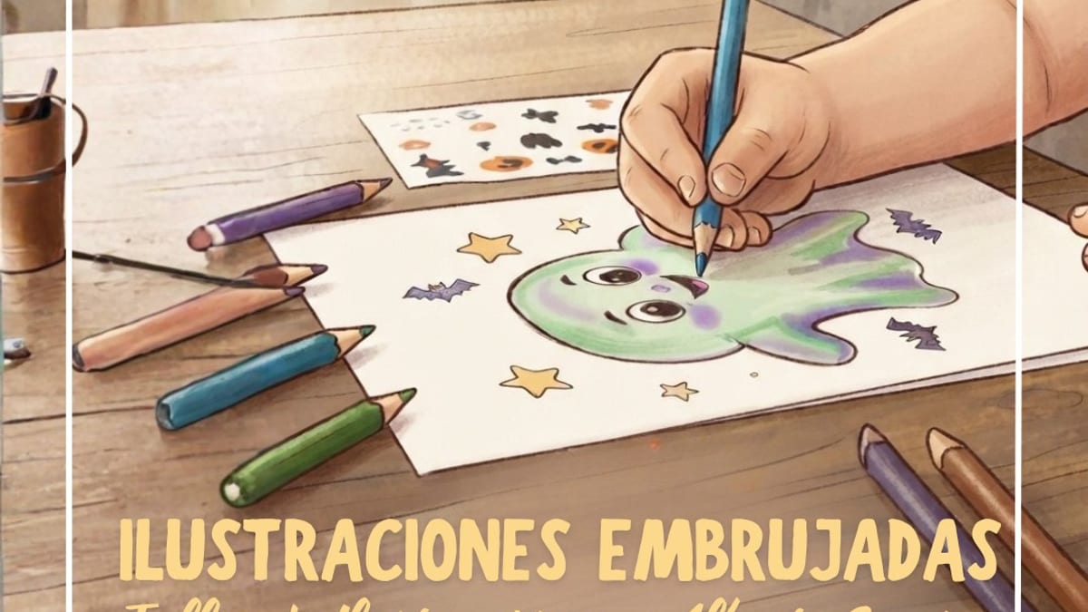 Cartel del taller Ilustraciones Embrujadas de la Biblioteca Municipal de Navalcarnero con información de inscripción y fechas