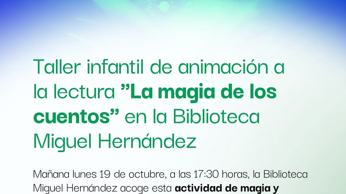 Cartel del taller infantil «La magia de los cuentos» en la Biblioteca Miguel Hernández de Collado Villalba