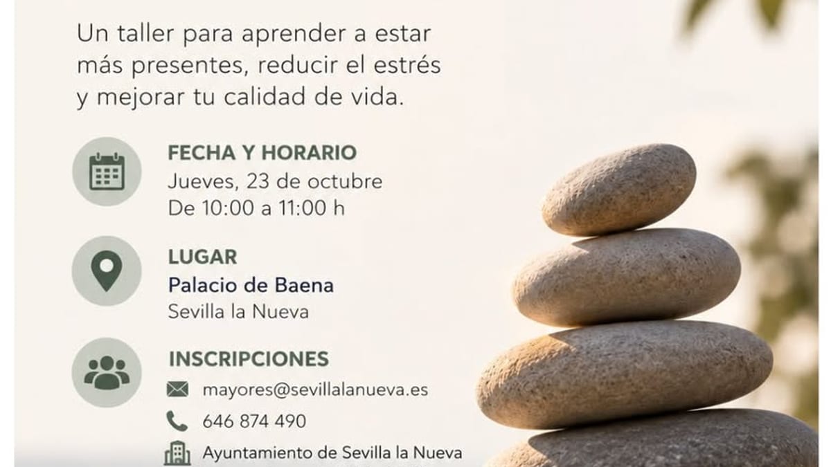 Cartel informativo del taller de mindfulness en Sevilla la Nueva, con detalles de fecha, horario, lugar e inscripciones