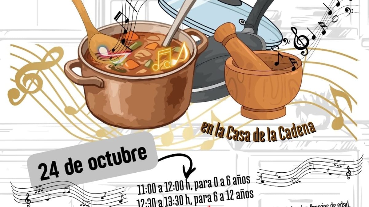 Cartel del taller 'Cocinando música tradicional' de Sábados en Familia en la Casa de la Cadena de Pinto
