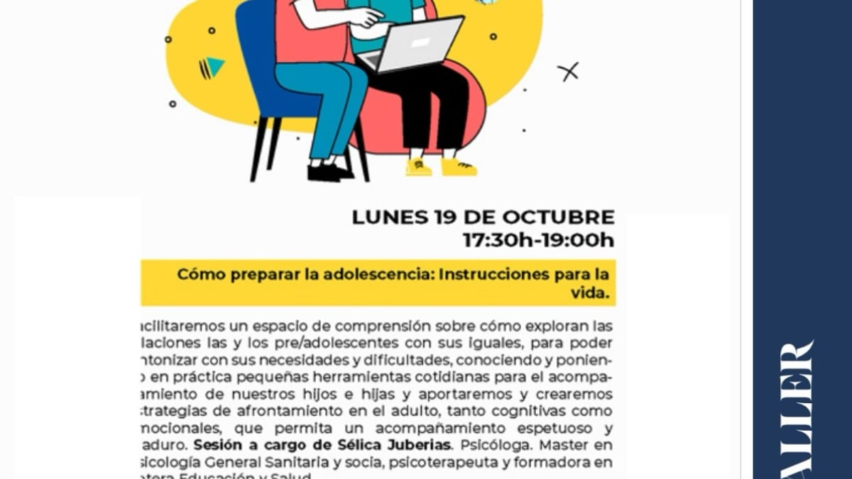 Cartel del taller monográfico Espacio para Familias sobre adolescencia organizado por la Mancomunidad THAM para octubre de 2024