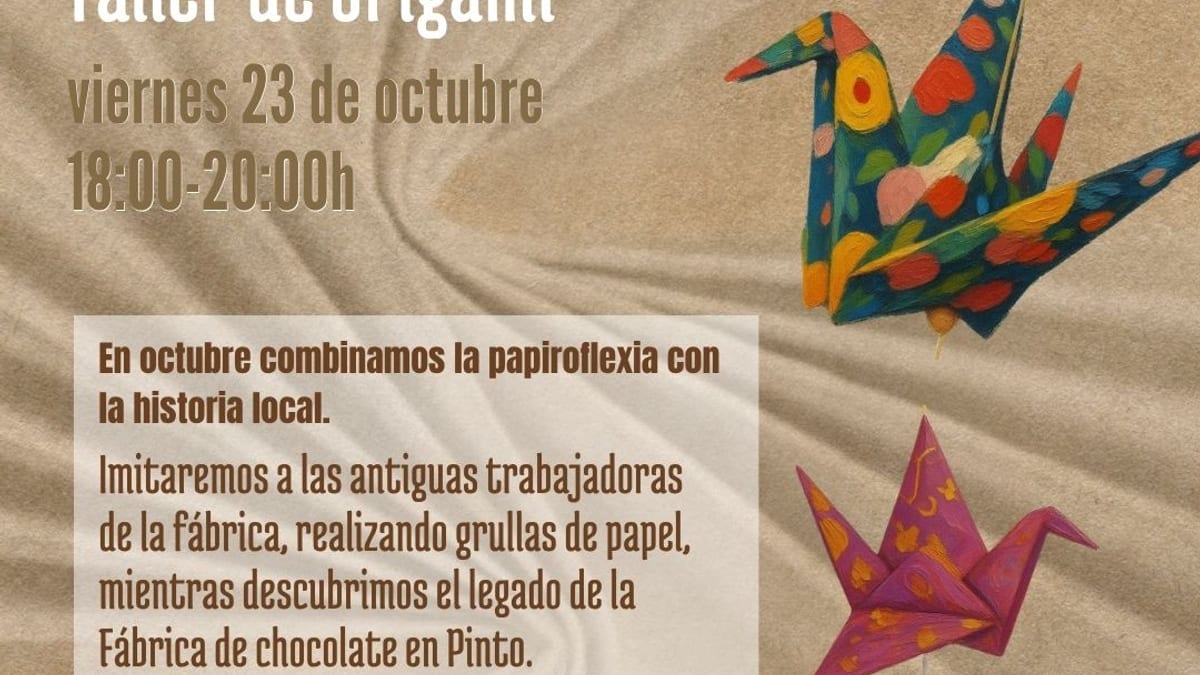 Cartel del taller de origami Plegadoras de papel de Pinto con información sobre la actividad de papiroflexia del 23 de octubre