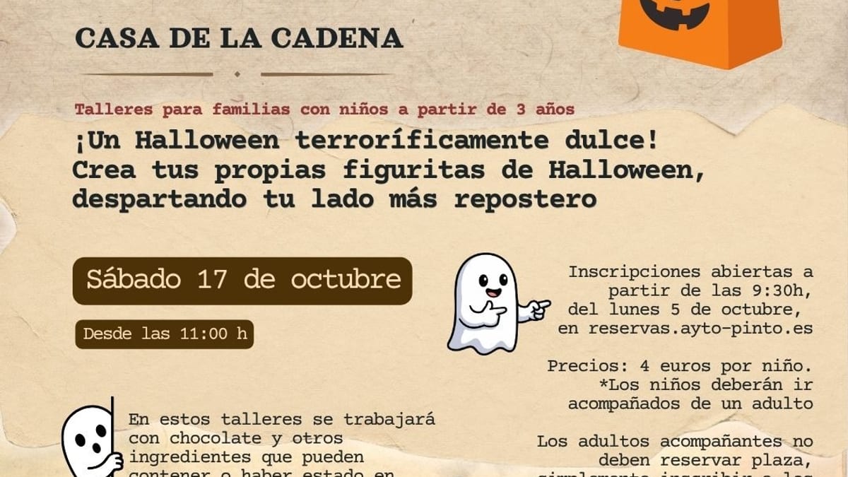 Cartel de Talleres de Chocolate Especial Halloween en la Casa de la Cadena de Pinto el 17 de octubre a las 11:00 horas