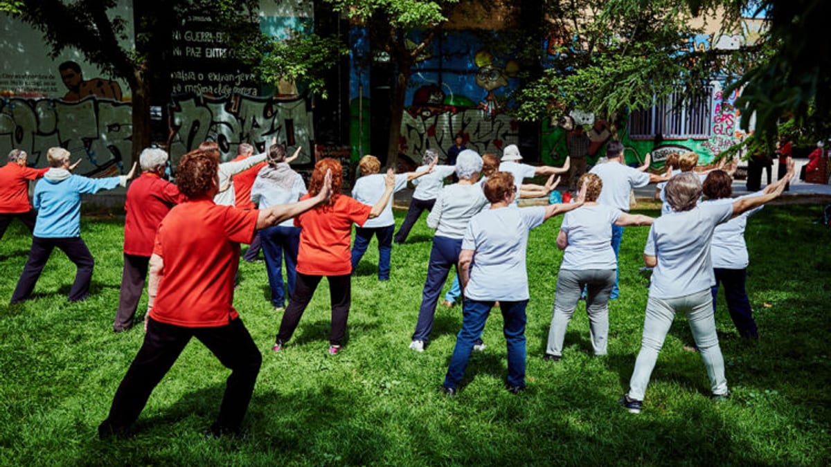 Grupo de personas mayores realizando actividades físicas en un parque