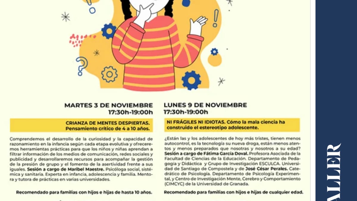Cartel informativo de los talleres monográficos del Espacio para Familias de la THAM en noviembre y diciembre 2026, con sesiones online sobre crianza, adolescencia, autonomía y sexualidad