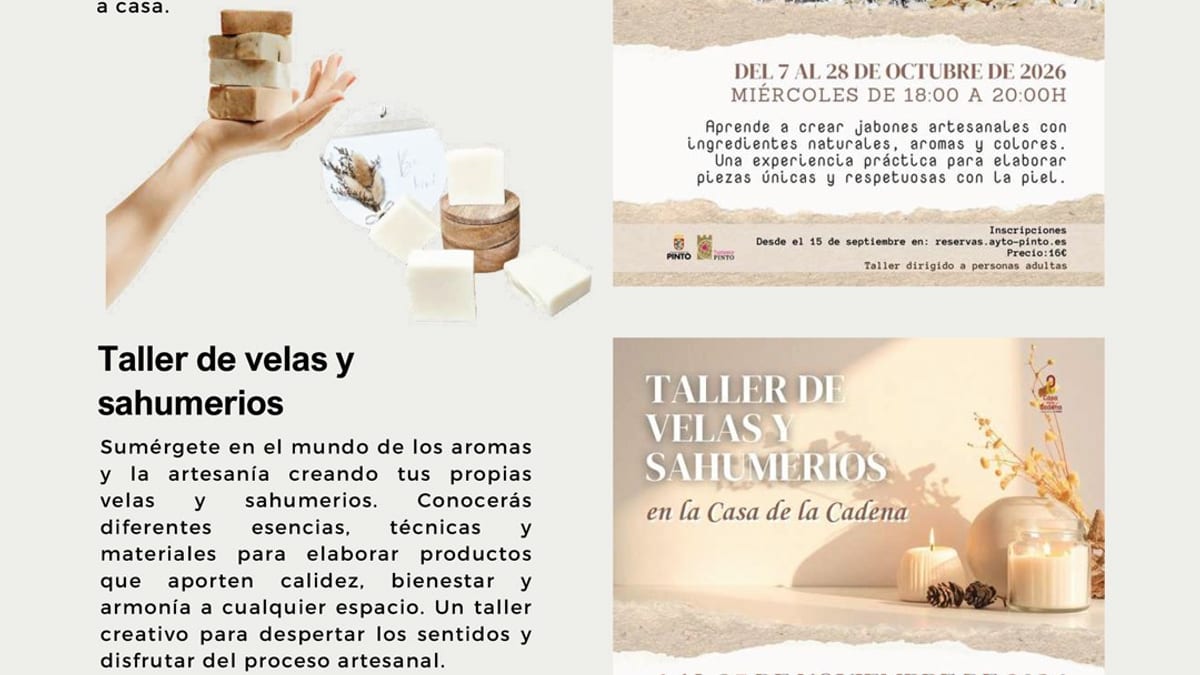Cartel promocional de los talleres de otoño de jabones y velas en la Casa de la Cadena de Pinto