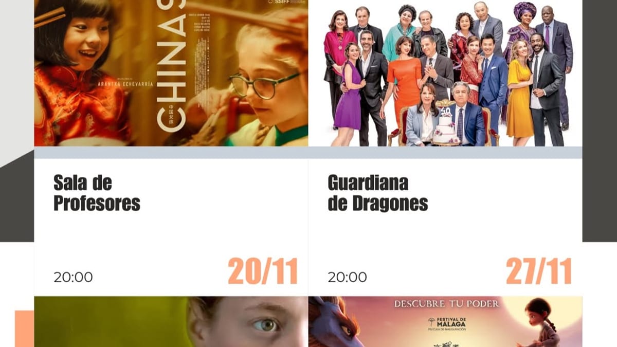 Cartel de la programación de cine del Teatro Real Carlos III de Aranjuez para noviembre 2024, con películas 'Chinas', 'Dios mío ¿qué nos has hecho?', 'Sala de Profesores' y 'Guardiana de Dragones'