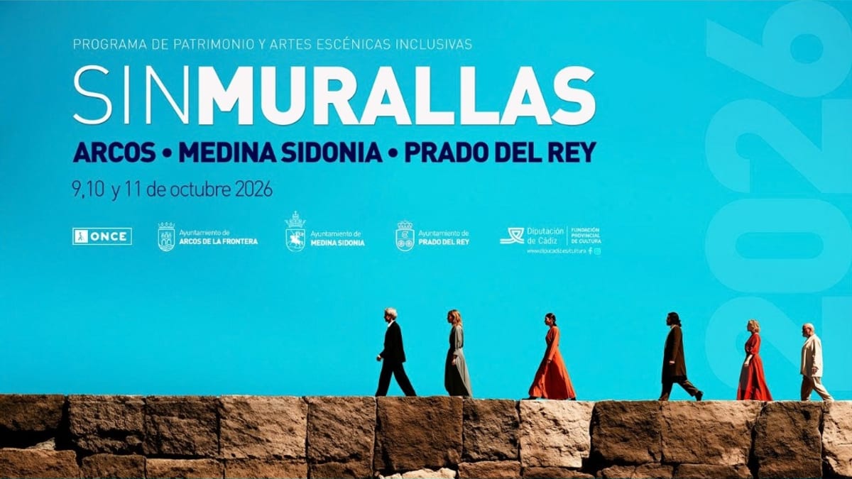 Cartel del programa Sin Murallas de teatro inclusivo de la Diputación de Cádiz con fechas del 9, 10 y 11 de octubre en Arcos, Medina Sidonia y Prado del Rey