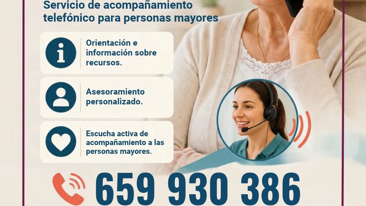 Cartel del servicio Teléfono Amigo del Ayuntamiento de Navalcarnero con información sobre acompañamiento telefónico para personas mayores