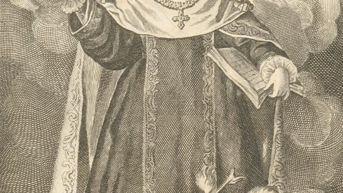 Grabado religioso en blanco y negro que representa a Santa Teresa de Jesús con halo, rodeada de ángeles, honrando a la mística escritora del siglo XVI