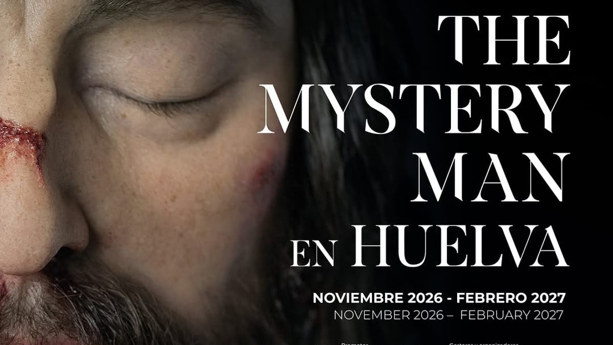 Cartel promocional de The Mystery Man, exposición internacional sobre la Sábana Santa en Huelva, noviembre 2026 a febrero 2027