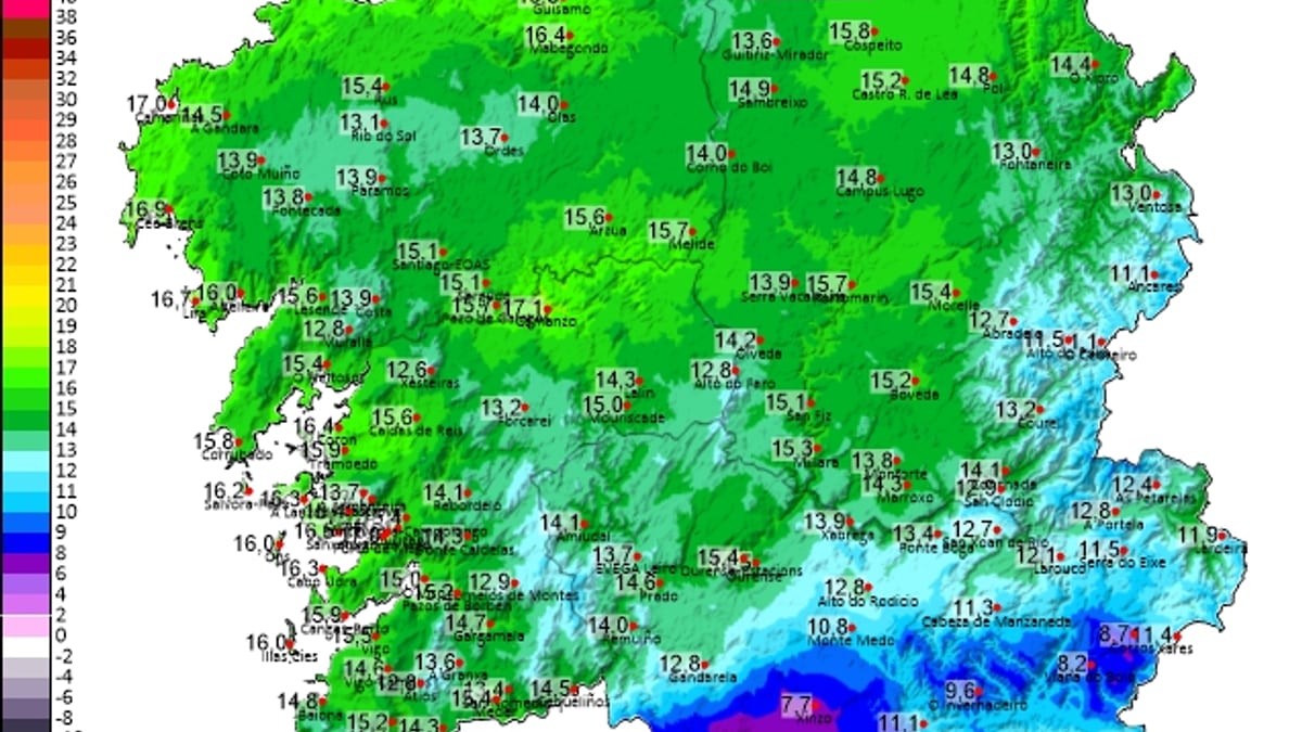 Gráfico de temperaturas mínimas en Galicia para el 13 de octubre de 2026 entre las 02:00 y 07:50 horas, con valores entre 2 y 20 grados Celsius