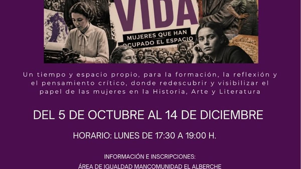 Cartel del programa 'Tiempo para la vida: Voces y memoria' de Sevilla la Nueva con información sobre mujeres en la historia, arte y literatura