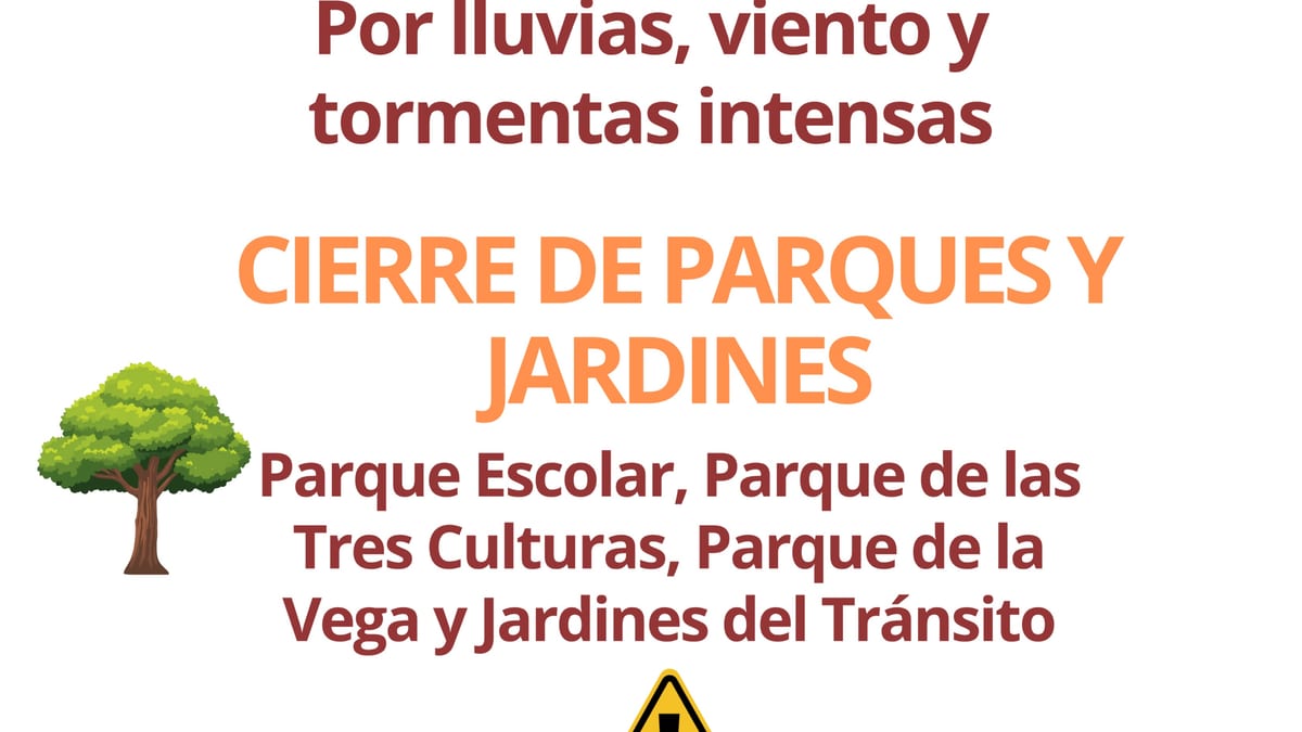 Aviso del Ayuntamiento de Toledo sobre alerta naranja y cierre preventivo de parques por lluvias, viento y tormentas intensas
