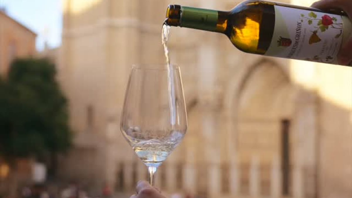 Botella de vino siendo vertida en copa con la catedral de Toledo de fondo al atardecer