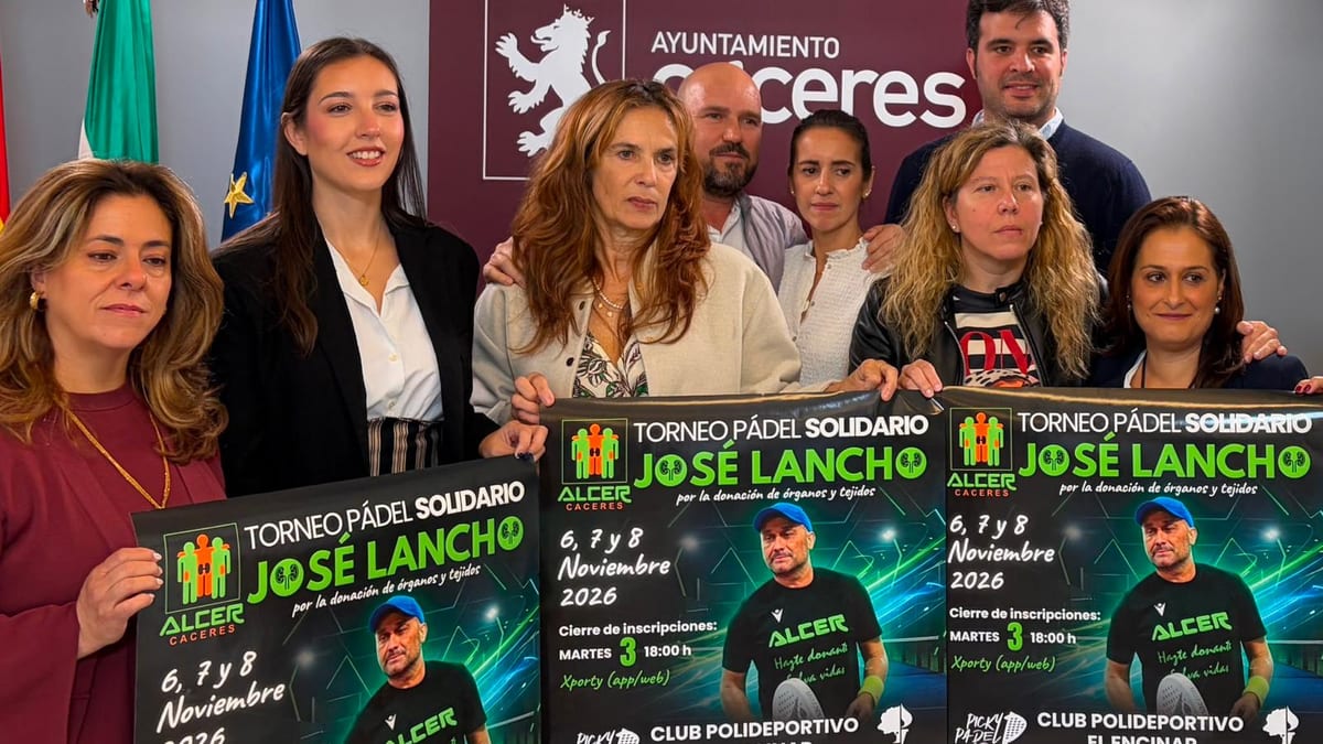 Cartel del Torneo de Pádel Solidario José Lancho organizado por ALCER Cáceres con el apoyo del Ayuntamiento de Cáceres, los días 6, 7 y 8 de noviembre de 2026