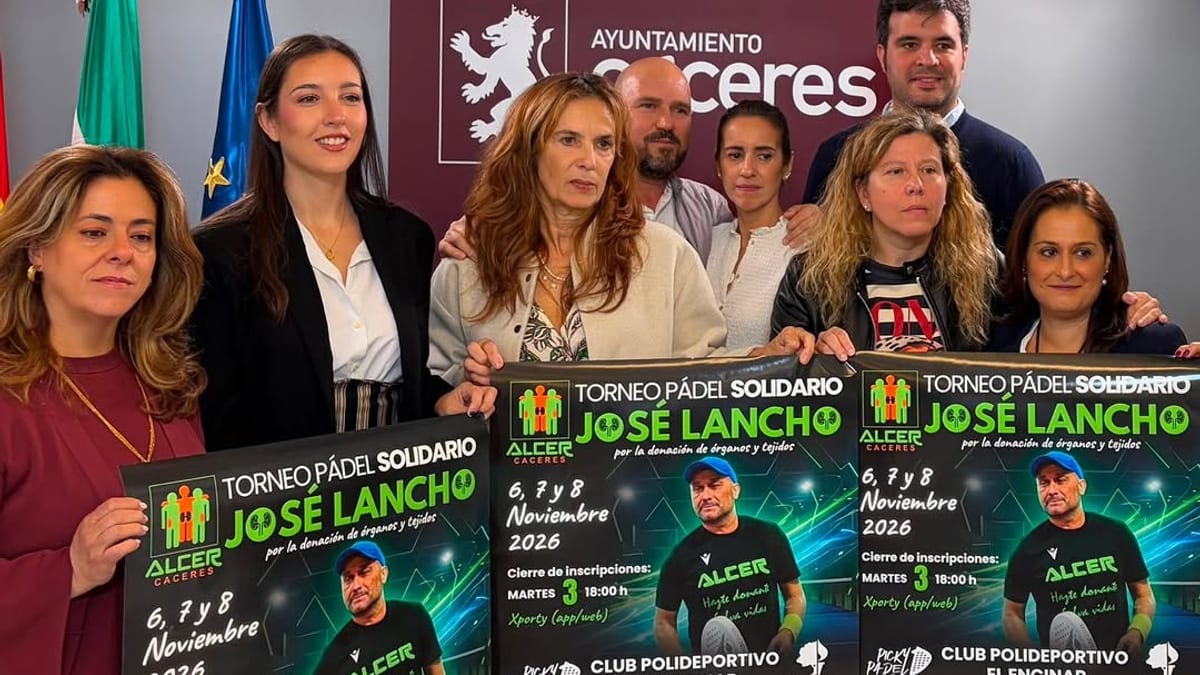 Cartel del Torneo de Pádel Solidario José Lancho de Cáceres 2026, con las fechas 6, 7 y 8 de noviembre en el Club Polideportivo El Encinar