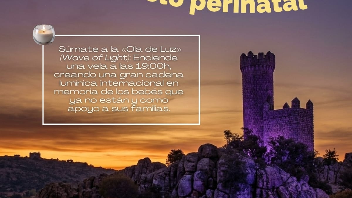 Torre de los Lodones iluminada en morado para el Día Internacional del Duelo Gestacional, Perinatal y Neonatal