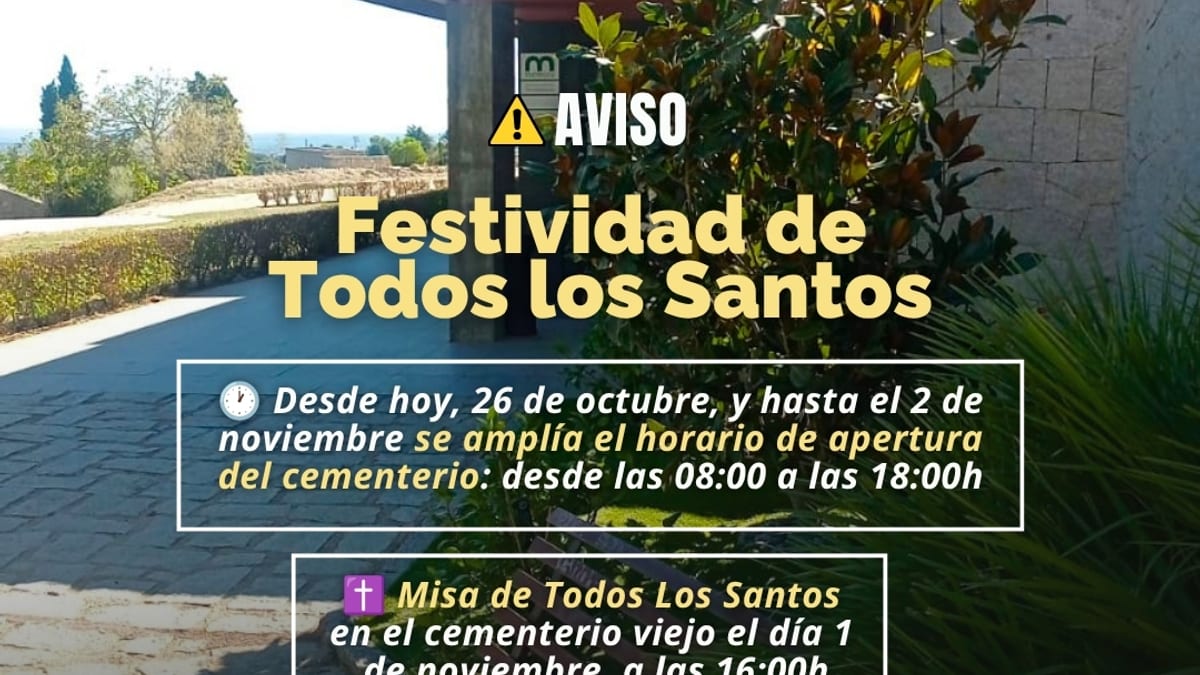 Cartel informativo del Ayuntamiento de Torrelodones sobre la ampliación de horario del cementerio por la festividad de Todos los Santos