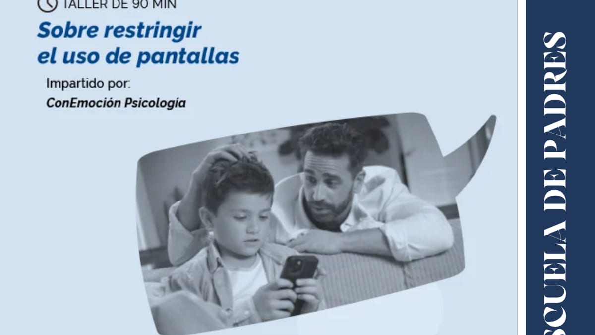 Cartel del taller Escuela de Padres 'Poner límites sin culpa: sobre restringir el uso de pantallas' del Ayuntamiento de Torrelodones, impartido por ConEmoción Psicología el sábado 17 de octubre en Torreforum