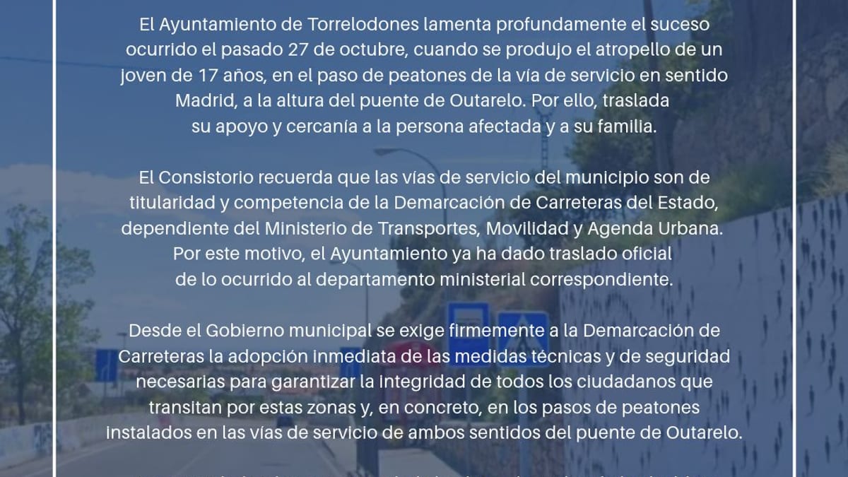 Comunicado oficial del Ayuntamiento de Torrelodones sobre medidas de seguridad en vías de servicio