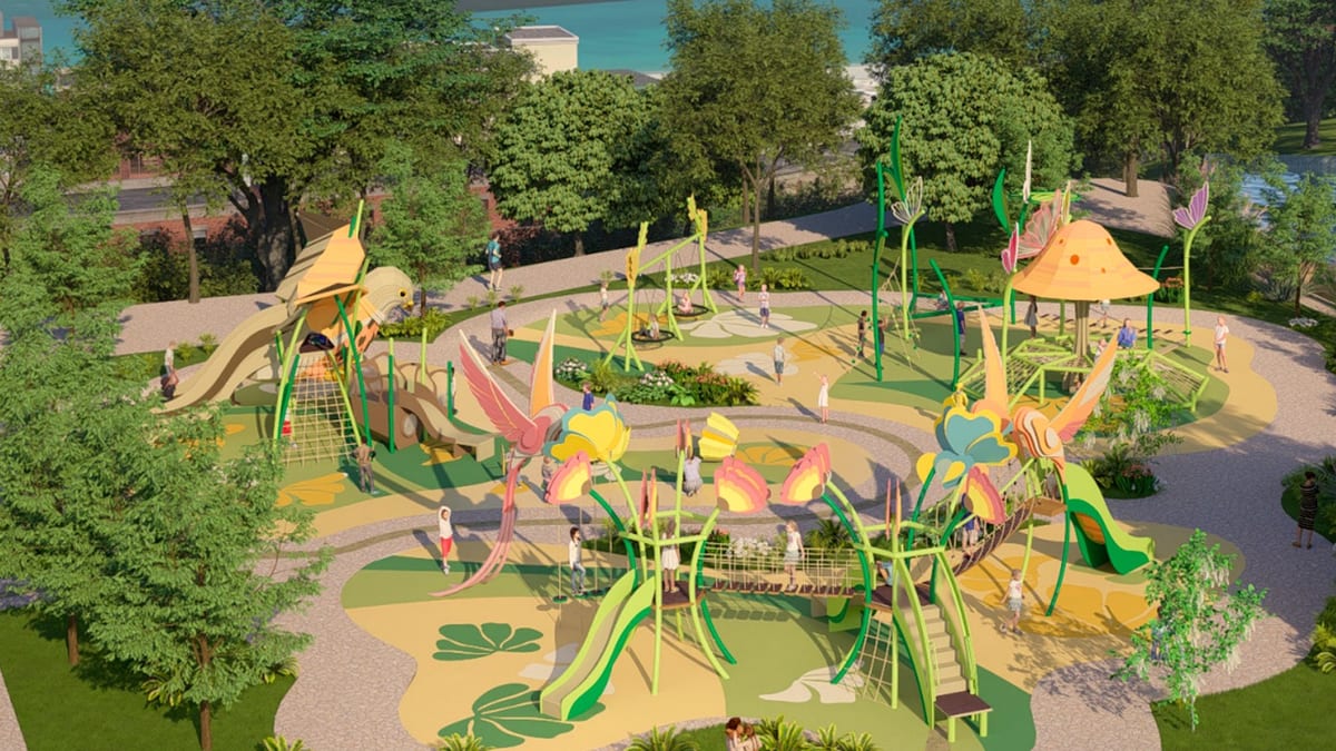Render del nuevo 'bosque mágico' infantil del Parque de La Batería de Torremolinos con diseño botánico, espacios verdes y zona de juegos temática