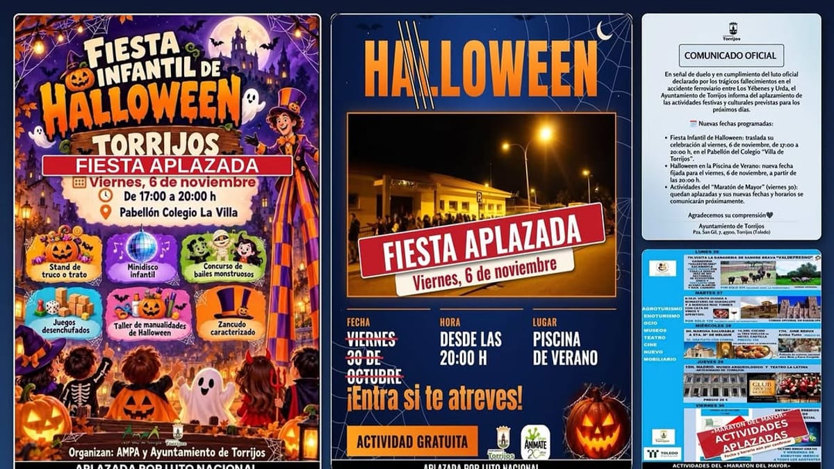 Cartel informativo del aplazamiento de actividades festivas de Halloween en Torrijos, con nuevas fechas del 6 de noviembre