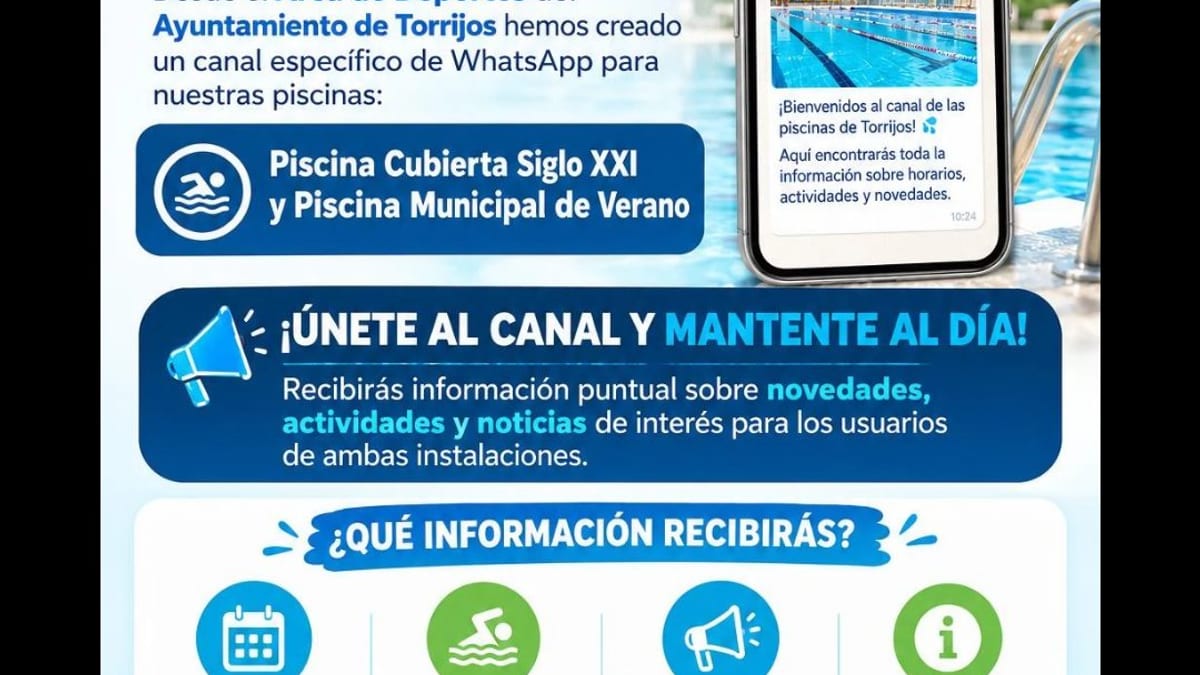 Anuncio del nuevo canal WhatsApp del Ayuntamiento de Torrijos para las piscinas Cubierta Siglo XXI y Municipal de Verano