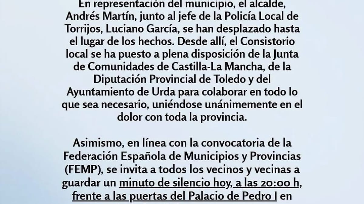 Comunicado oficial del Ayuntamiento de Torrijos sobre el accidente ferroviario