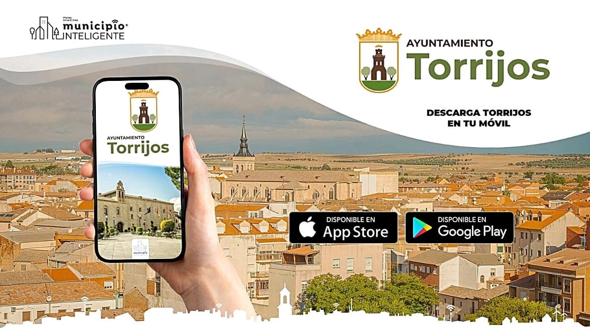 Cartel promocional de la APP oficial del Ayuntamiento de Torrijos con logos de descarga en App Store y Google Play