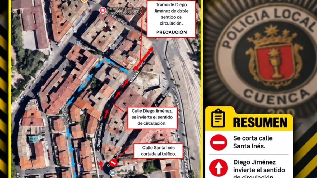 Plano informativo de modificaciones temporales de tráfico en calles Santa Inés y Diego Jiménez de Cuenca
