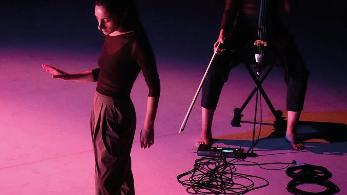 Dos performers en escena con iluminación rosa y púrpura durante una representación de danza contemporánea en el ciclo TRC Danza