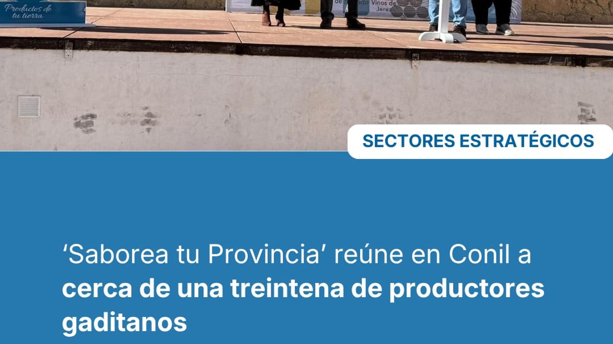 Evento 'Saborea tu Provincia' en la Plaza de la Torre de Guzmán de Conil con stándares de productores agroalimentarios y asistentes