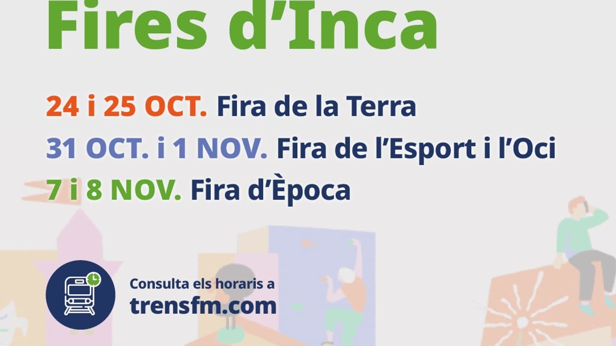 Cartell promocional dels trens especials de reforç per a les Fires d'Inca amb dates i logos dels Serveis Ferroviaris de Mallorca