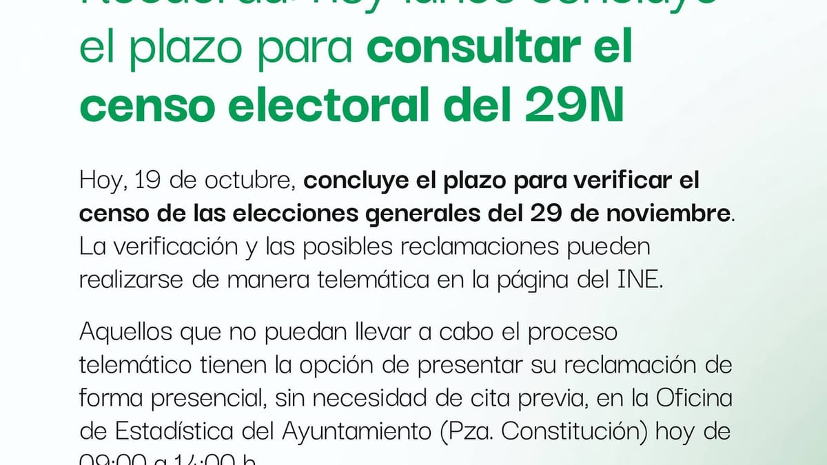 Cartel del Ayuntamiento de Collado Villalba recordando el plazo final para consultar el censo electoral del 29N