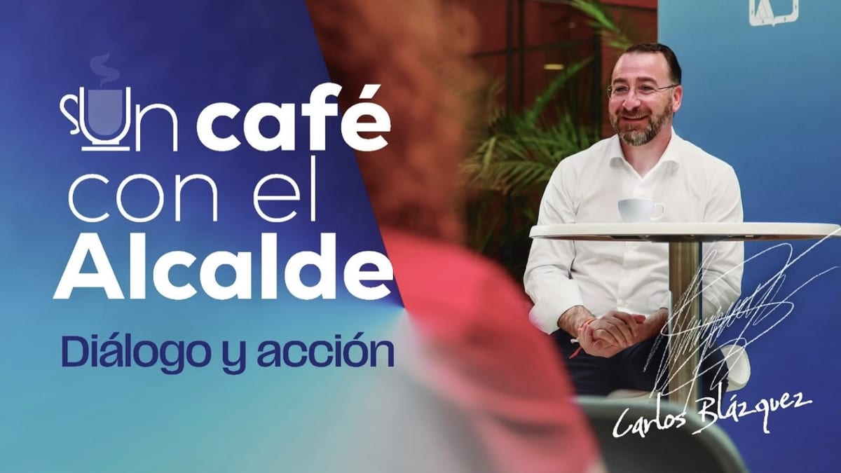 Cartel del programa 'Un café con el alcalde' de Colmenar Viejo con la imagen del alcalde Carlos Blázquez