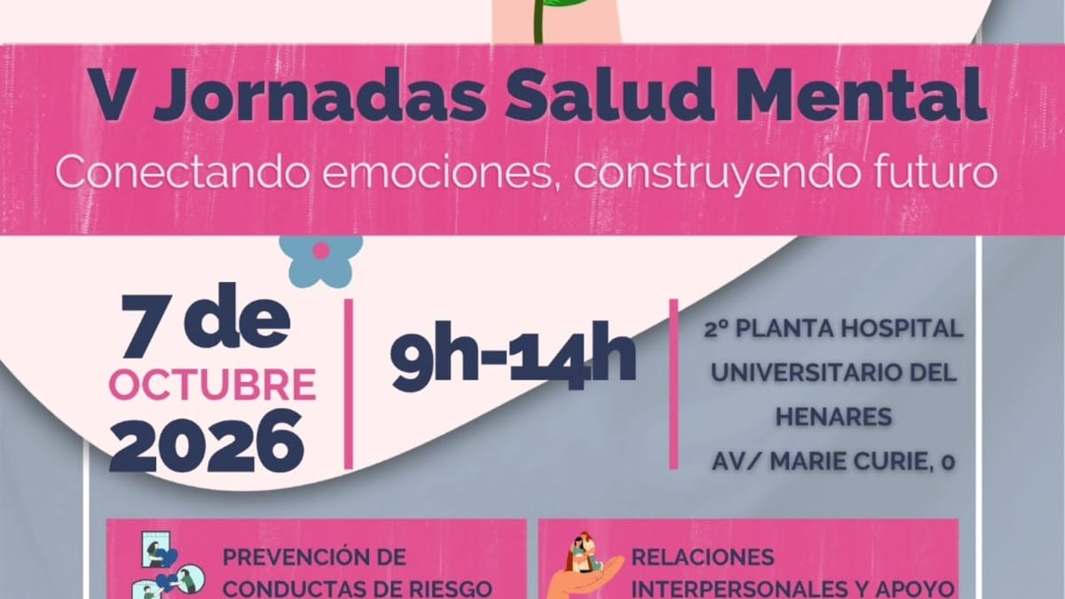 Cartel de las V Jornadas de Salud Mental 'Conectando emociones, construyendo futuro' en el Hospital Universitario del Henares de Coslada, 7 de octubre de 2026, de 9:00 a 14:00 horas