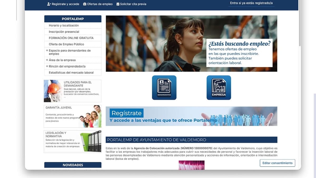 Captura de pantalla del nuevo portal PORTALEMP de la Agencia de Colocación del Ayuntamiento de Valdemoro