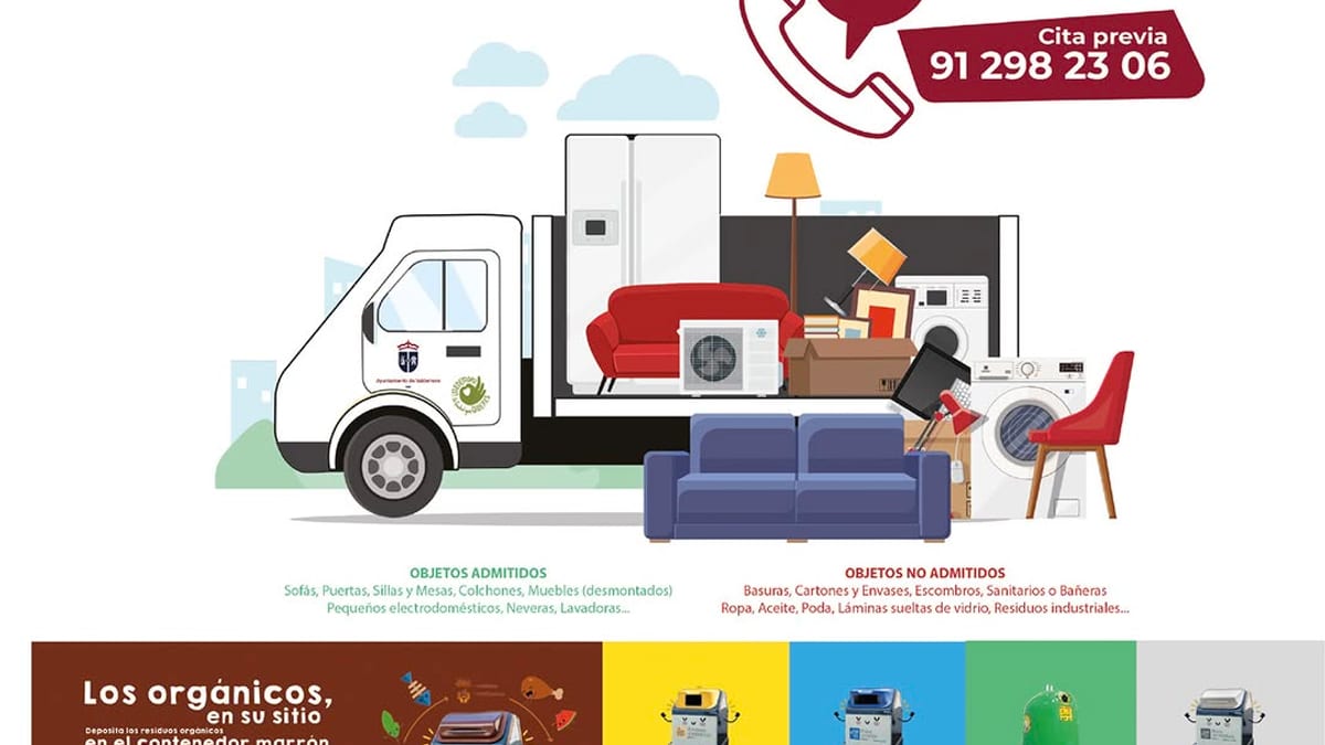 Cartel informativo del servicio municipal gratuito de recogida de muebles y enseres de Valdemoro con datos de contacto, objetos admitidos y horarios del Punto Limpio