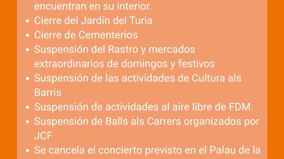 Cartel informativo del Ayuntamiento de Valencia con medidas extraordinarias ante alerta naranja por lluvias: cierre de parques, jardines, Jardín del Turia y suspensión de eventos
