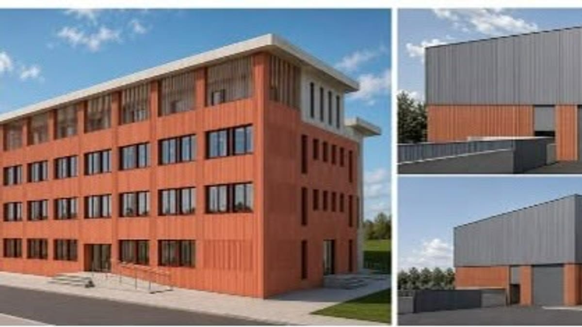 Simulación de rehabilitación de la Manzana del Talento en Valliniello con edificios de fachadas modernas en tonos naranja, gris y marrón
