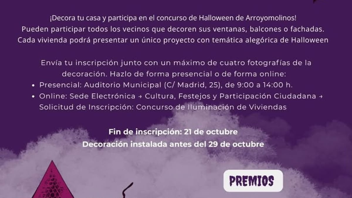 Póster del VI Concurso de Decoración e Iluminación de Viviendas y Fachadas de Arroyomolinos con temática de Halloween 2026
