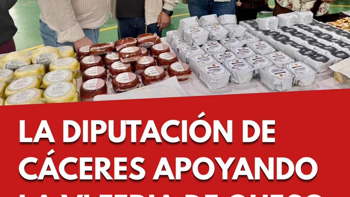 Inauguración de la VI Feria del Queso y el Cabrero en el Pabellón Multiusos de Cabrero, Cáceres, con asistentes y stands de maestros queseros